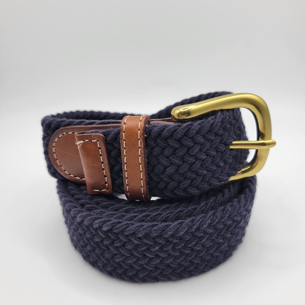 Lands' End Woven Stretch Belt XL Navy Solid Brass Leather Trim Classic